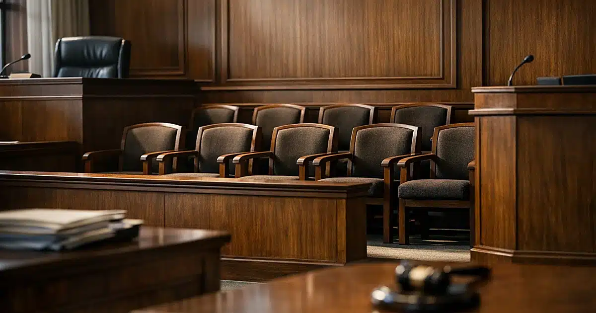 Empty jury box with twelve vacant chairs in a Massachusetts courtroom with dramatic window lighting