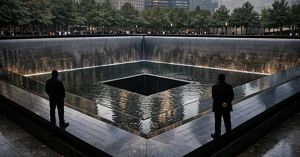Two silhouetted figures standing at opposite sides of the 9/11 Memorial reflecting pool at Ground Zero