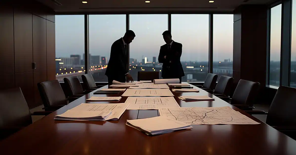 Silhouetted figures reviewing energy infrastructure documents at boardroom table with European city lights beyond
