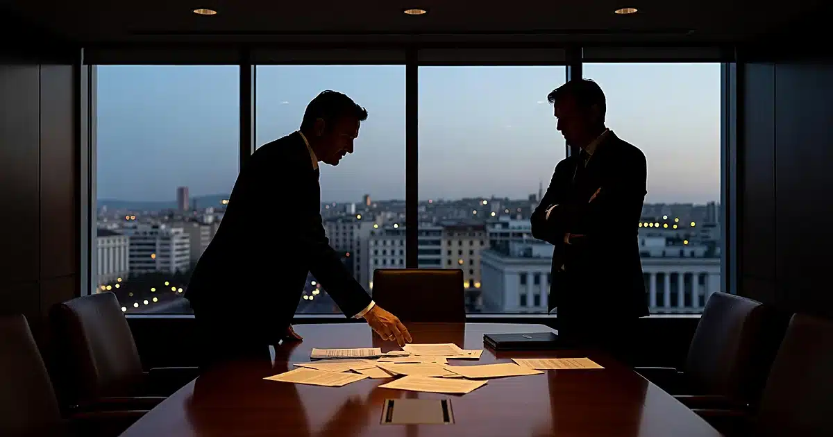 Silhouetted figures in business meeting over documents with European city lights visible through windows at dusk