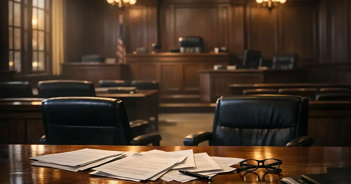 Empty courtroom interior with scattered documents on defense table, judge's bench visible in background at dusk