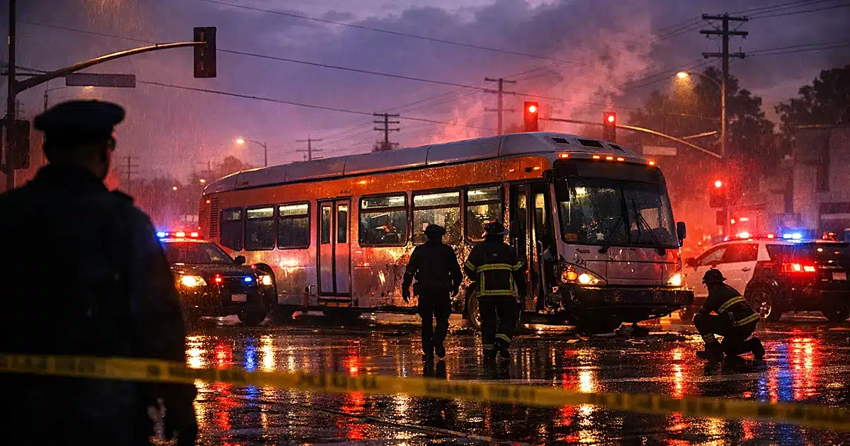 Metro bus at urban intersection with emergency vehicle lights reflecting on wet pavement at dusk