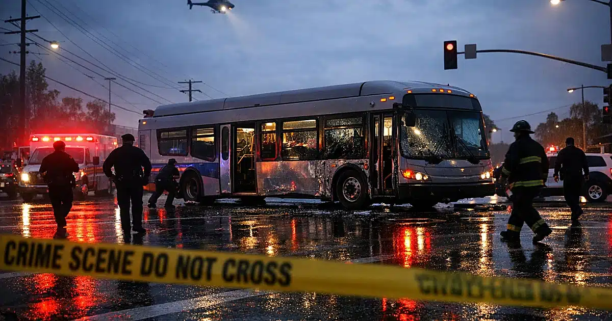 Metro bus at urban intersection with emergency vehicle lights reflecting on wet pavement at dusk