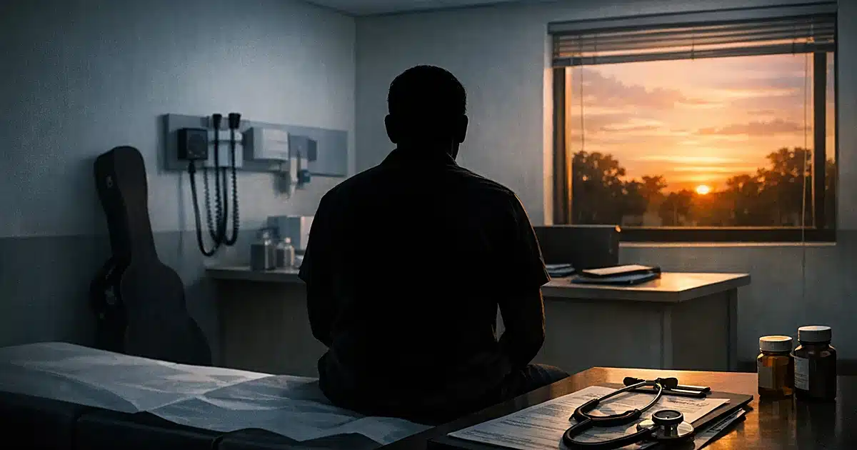 Silhouette of person in medical exam room with guitar case, warm sunset light through window contrasts clinical setting