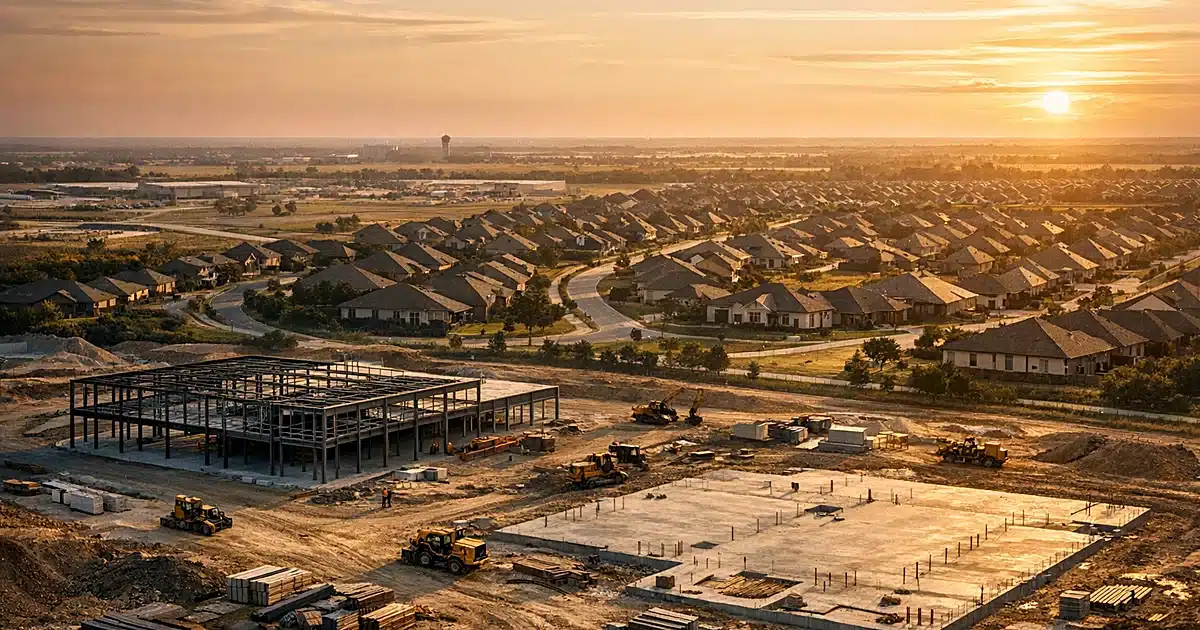 Aerial view of new commercial construction sites amid expanding suburban neighborhoods in Texas at sunset