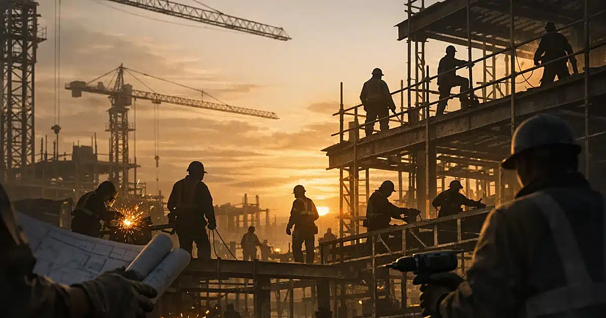 Silhouetted construction workers on steel framework at building site with tools and equipment at sunset