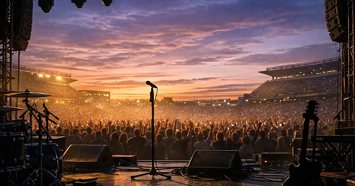 Empty concert stage at dusk with silhouetted crowd and audio equipment in foreground at major stadium venue