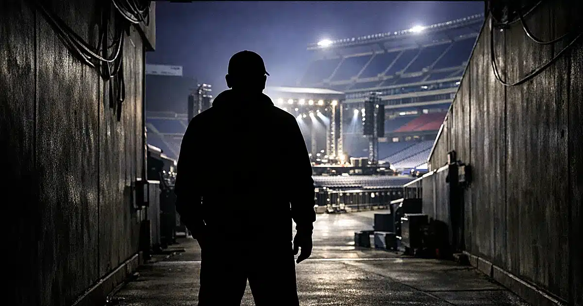 Silhouetted figure stands in dark stadium tunnel looking toward empty lit stage and seats in distance