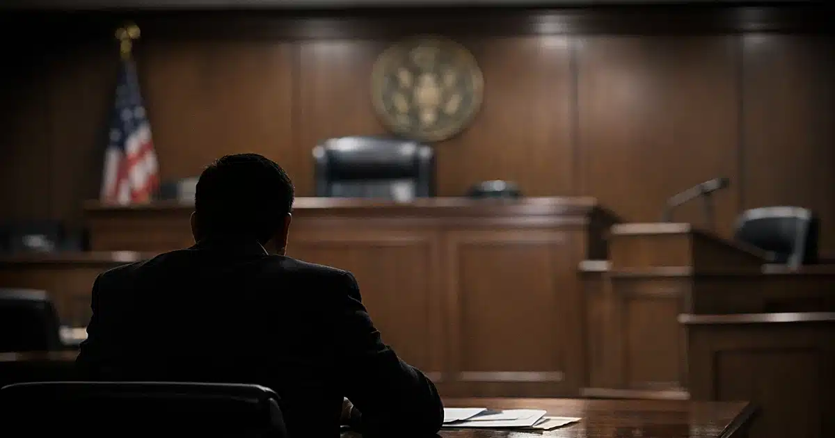 Empty federal courtroom with silhouetted defendant at table before judge's bench