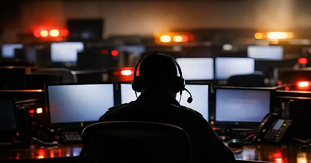 Empty 911 dispatch center with silhouetted operator at darkened workstations and emergency status lights