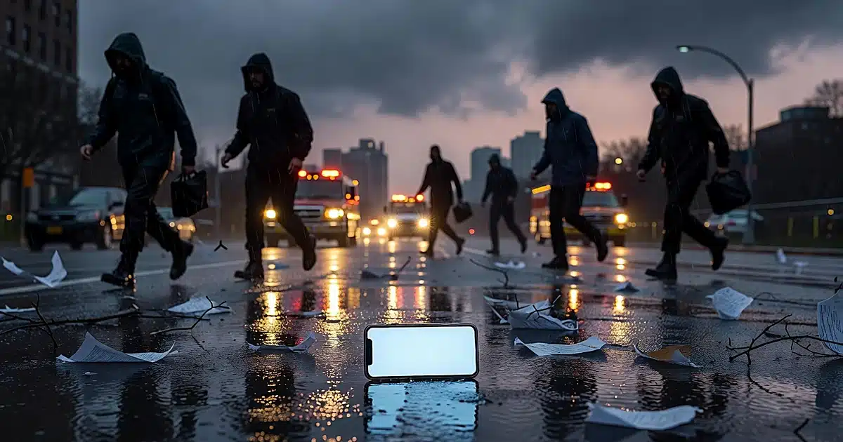 Emergency vehicles with flashing lights on rain-soaked New York street during nor'easter storm preparation