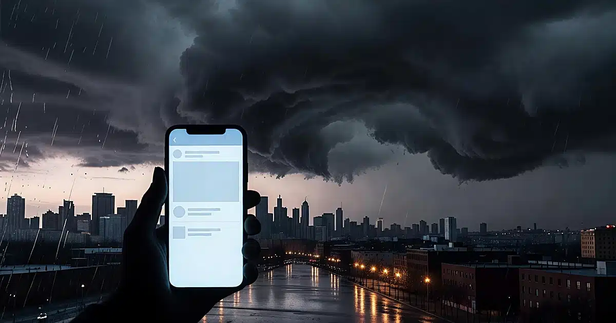 Silhouetted hand holding phone indoors as storm clouds gather over city skyline through rain-streaked window