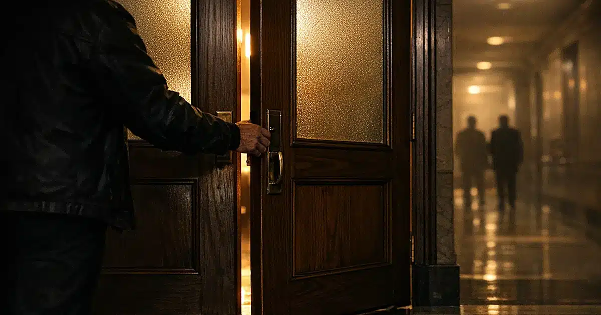 Silhouetted figure closing heavy door in dark government building corridor, light glowing from room beyond