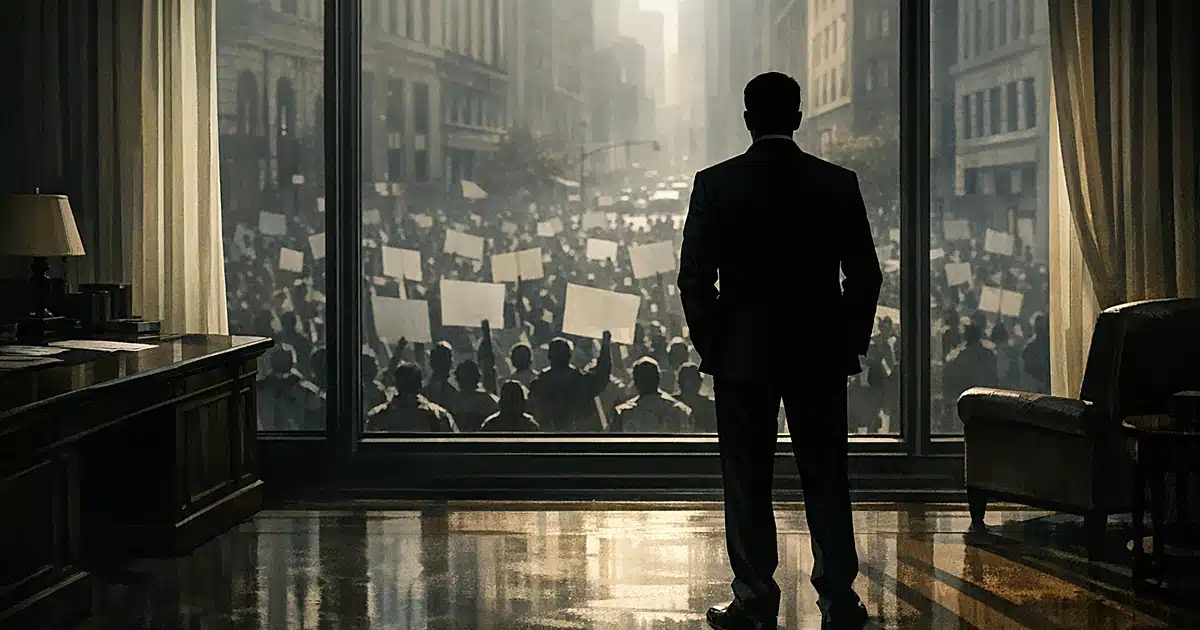 Lone figure in office looks down at crowd of protesters in street below, separated by height and distance