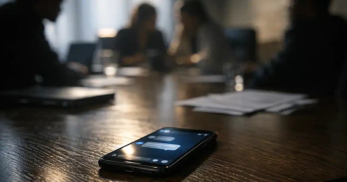 Smartphone with messaging app glowing on conference table with silhouetted figures in background