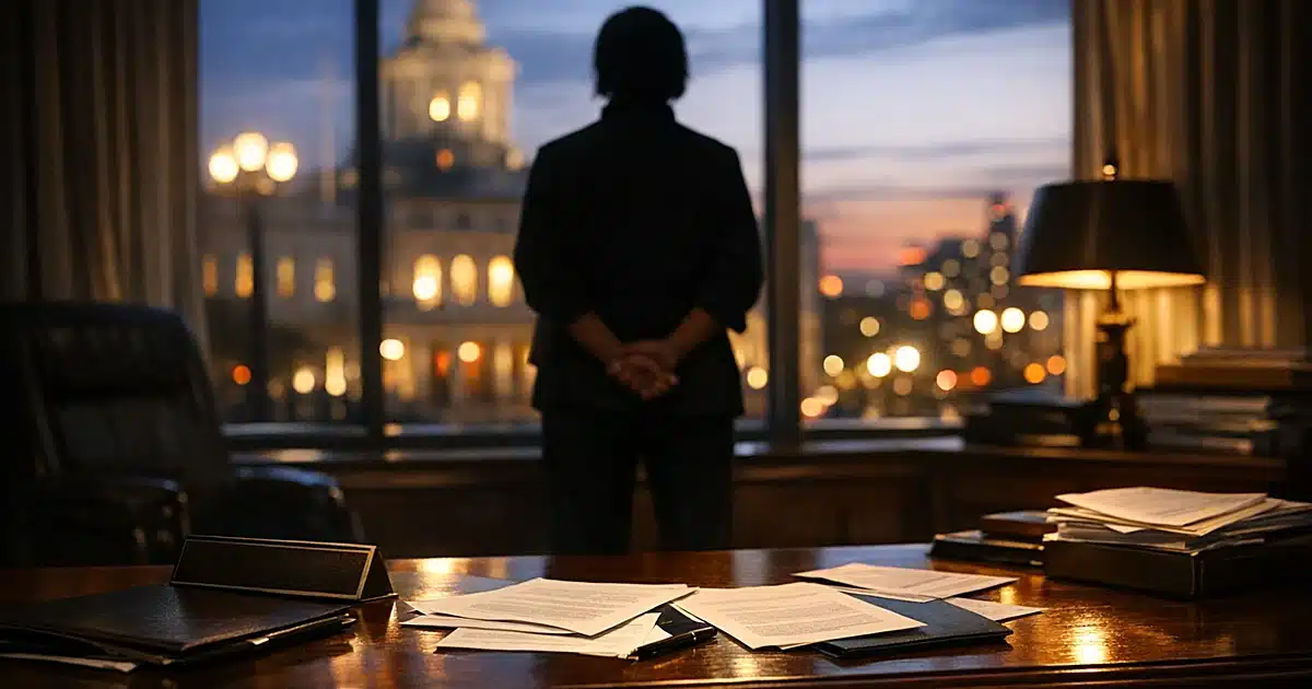 Silhouetted figure at City Hall office window with desk and documents in foreground at dusk