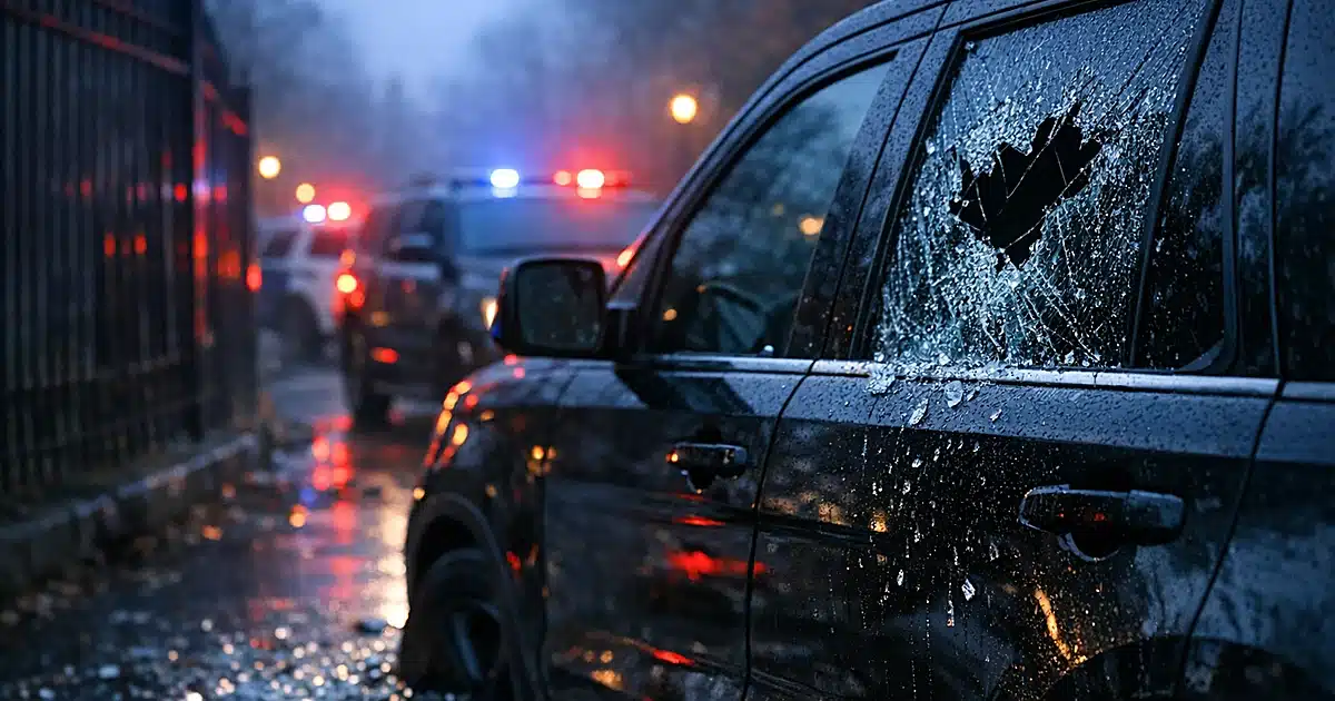 Shattered vehicle window with glass on pavement and emergency lights reflecting in background at dawn