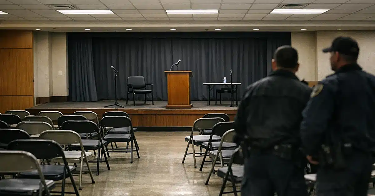 Empty town hall auditorium with rows of chairs facing podium and microphone stand in neutral indoor lighting