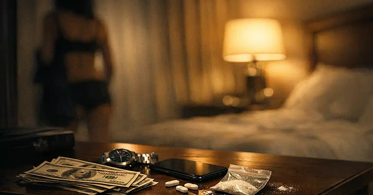 Hotel nightstand with scattered watch, cash, and phone in dim amber lighting with dark background