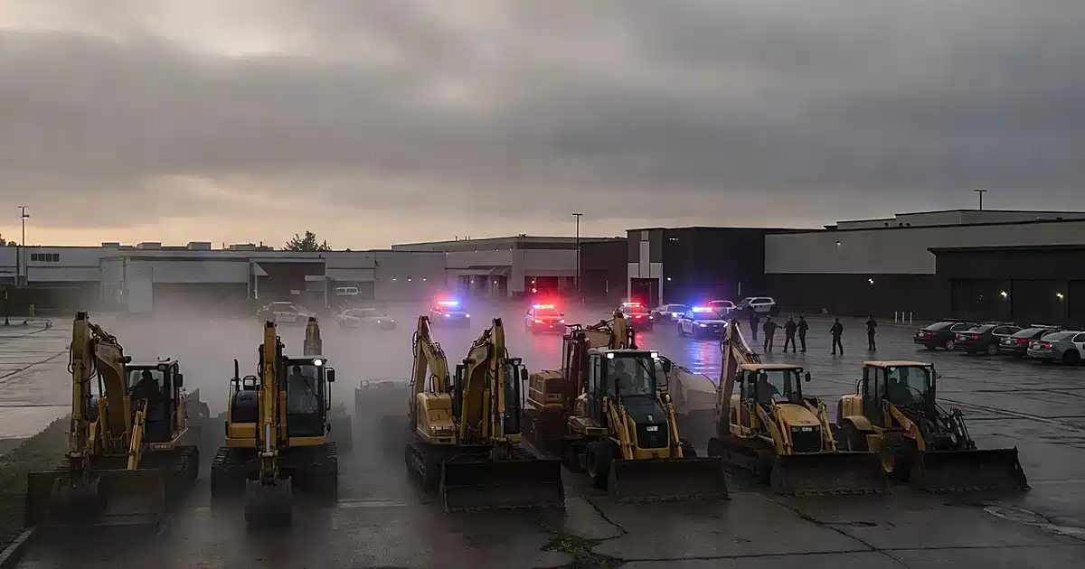 Police emergency lights illuminating an industrial equipment rental yard at dawn with fog and silhouetted officers