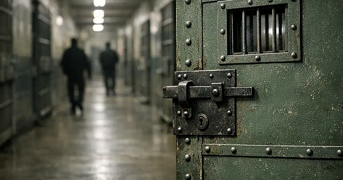 Heavy steel prison cell door in dimly-lit California correctional facility corridor