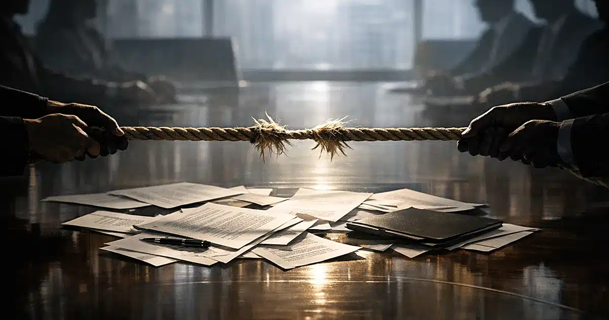 Silhouetted hands pull opposite ends of rope across boardroom table covered with scattered legal documents