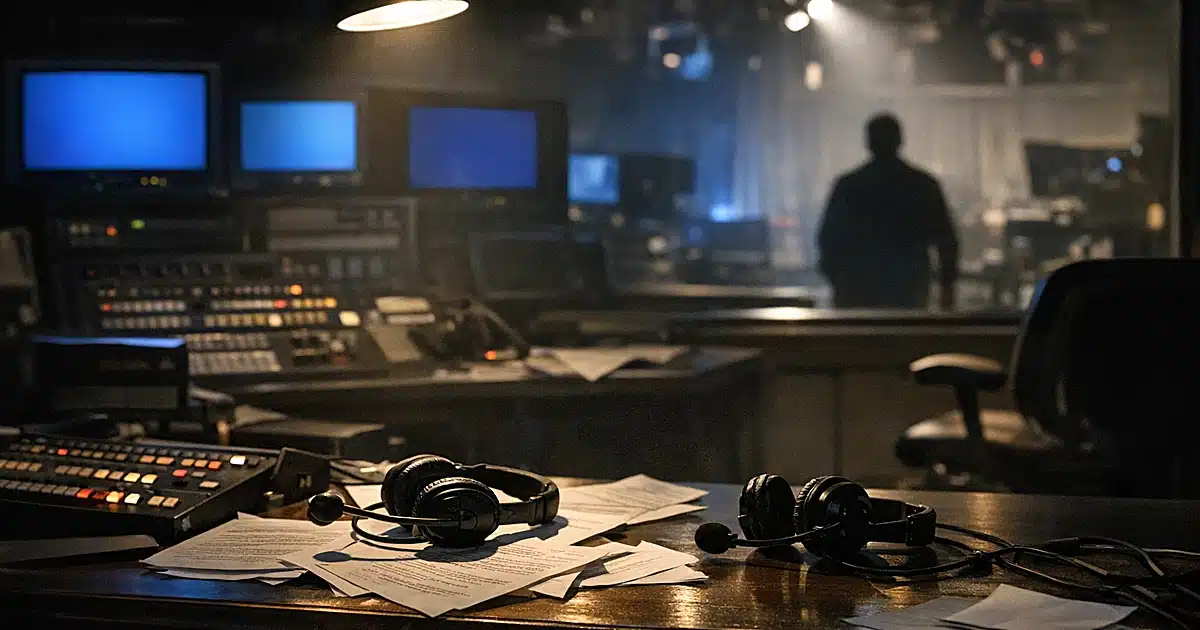 Empty television production control room with scattered scripts and glowing blank monitors in background