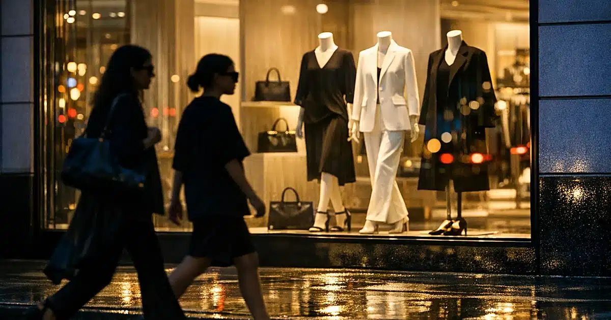Luxury fashion storefront window in Manhattan with silhouettes of two figures walking past at dusk