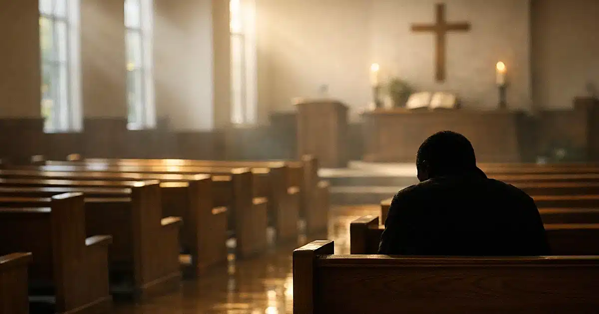 Empty church interior with silhouetted figure sitting alone in pew, morning light through windows