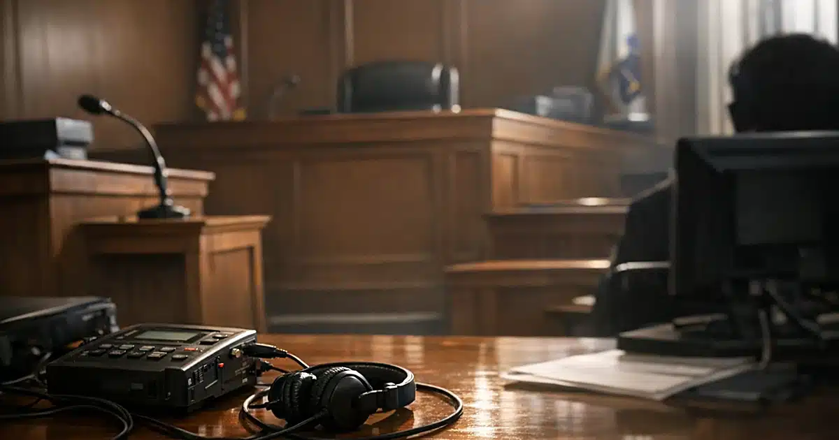 Empty district courtroom interior showing judge's bench, witness stand, and court recording equipment on wooden desk
