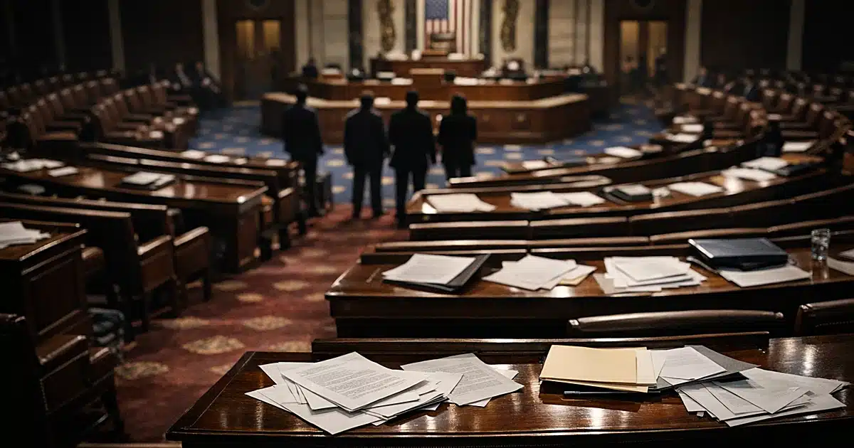 Empty House chamber floor with scattered papers on desks and silhouetted figures in background
