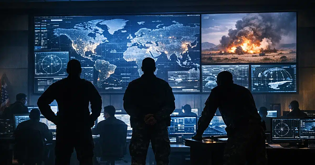 Military command center with silhouetted personnel monitoring glowing tactical displays and global maps