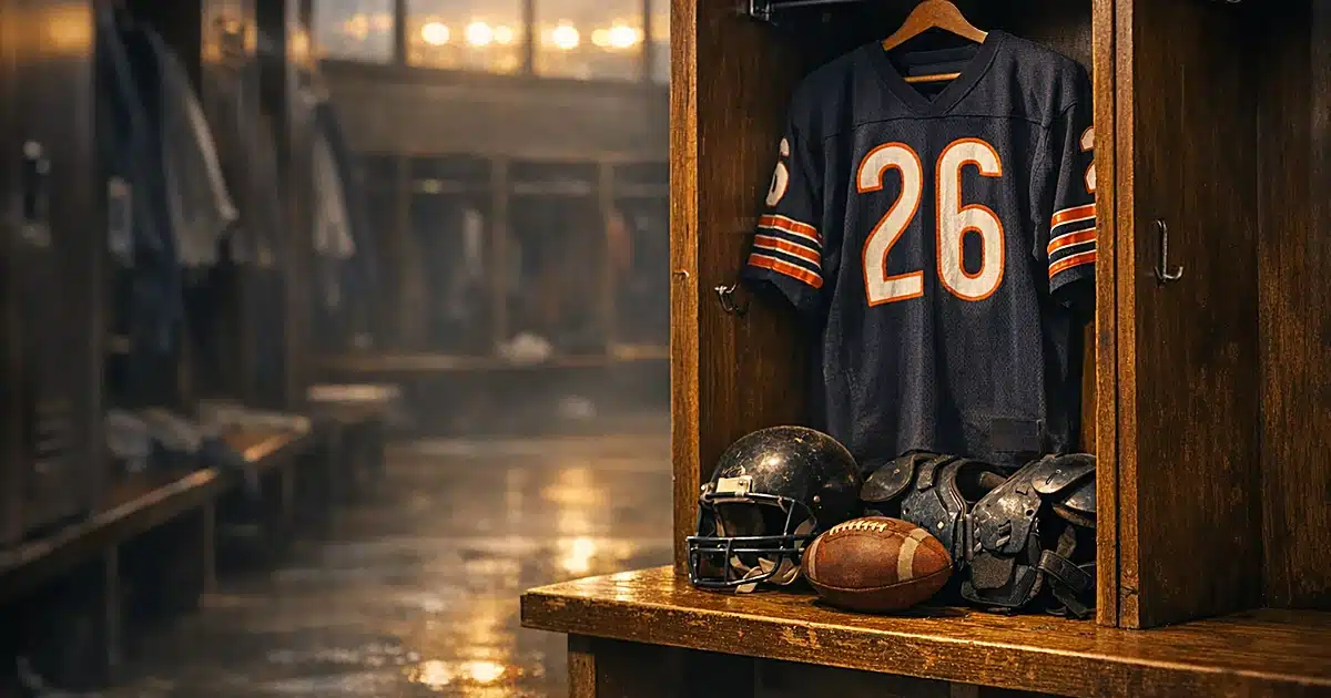 Empty NFL locker room with vintage Chicago Bears jersey hanging in open locker, stadium lights glowing through windows