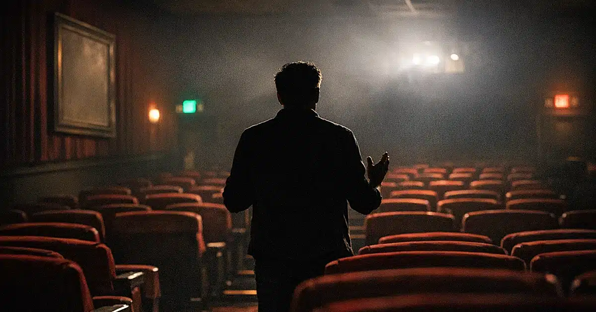 Silhouetted figure standing in darkened movie theater aisle addressing audience with empty seats visible