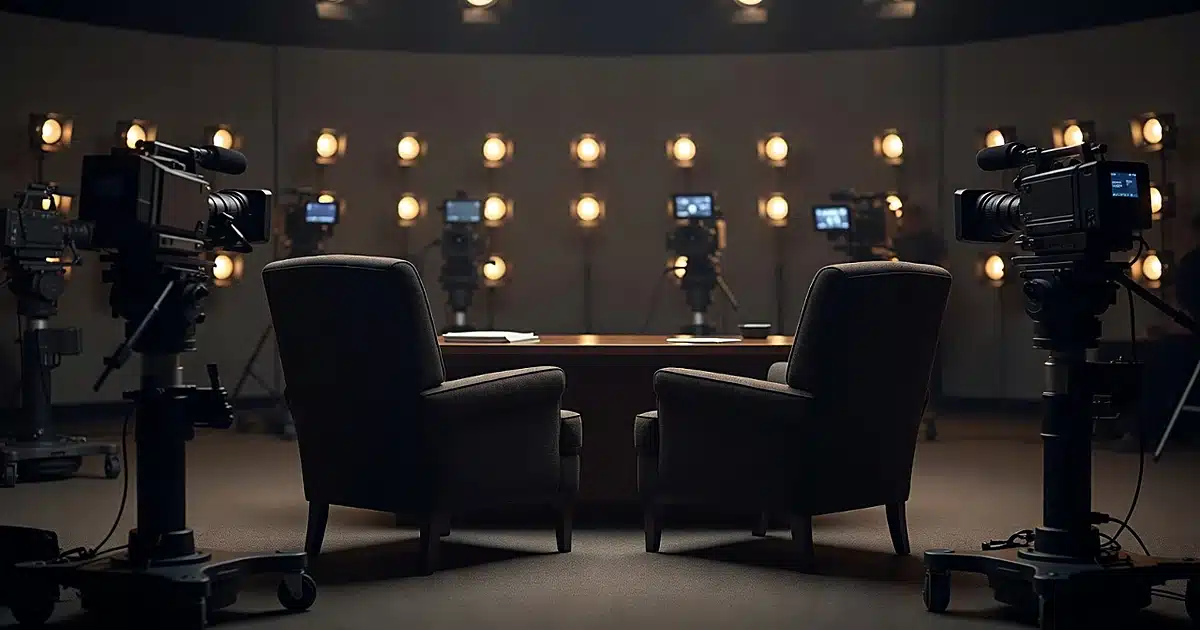 Empty late-night talk show set with two chairs and studio cameras in foreground before taping