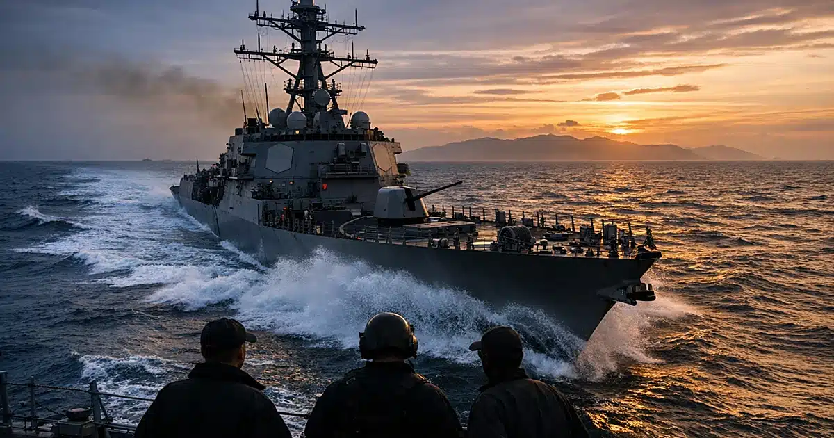 U.S. Navy destroyer moving through Pacific waters at dusk with ocean spray at bow