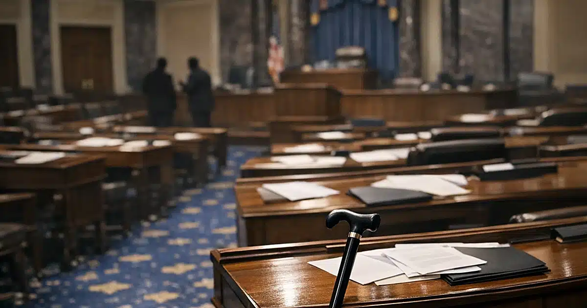 Empty Senate chamber with wooden desks and walking cane leaning against foreground desk