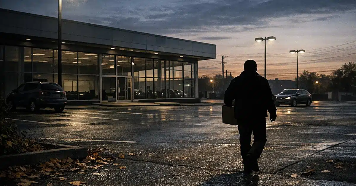 Empty car dealership lot at dusk with few remaining vehicles and silhouetted person walking away carrying box