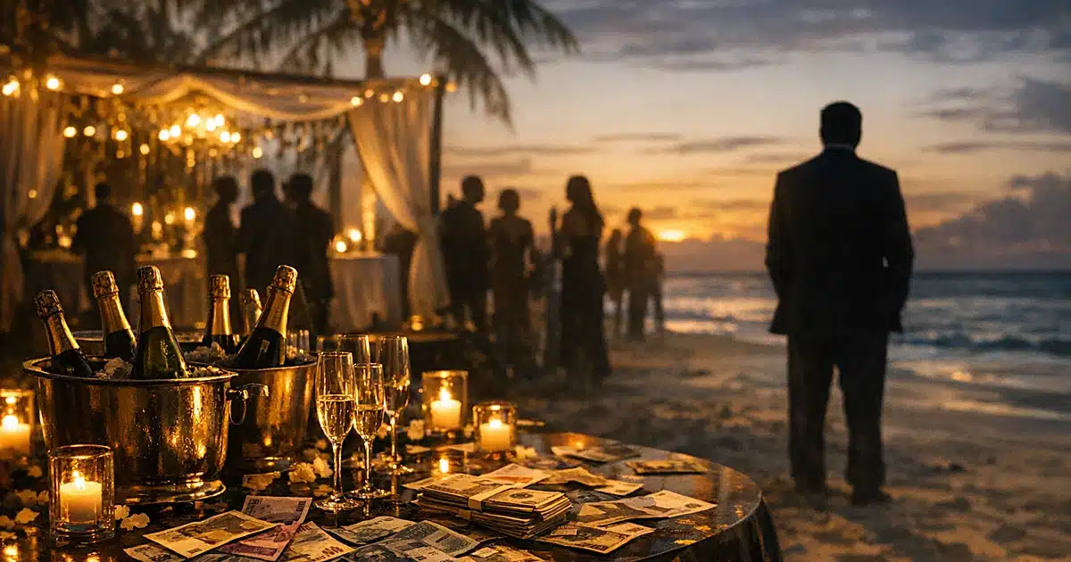 Tropical beach wedding scene with expensive items on table, separated silhouettes, suggesting distance and controversy