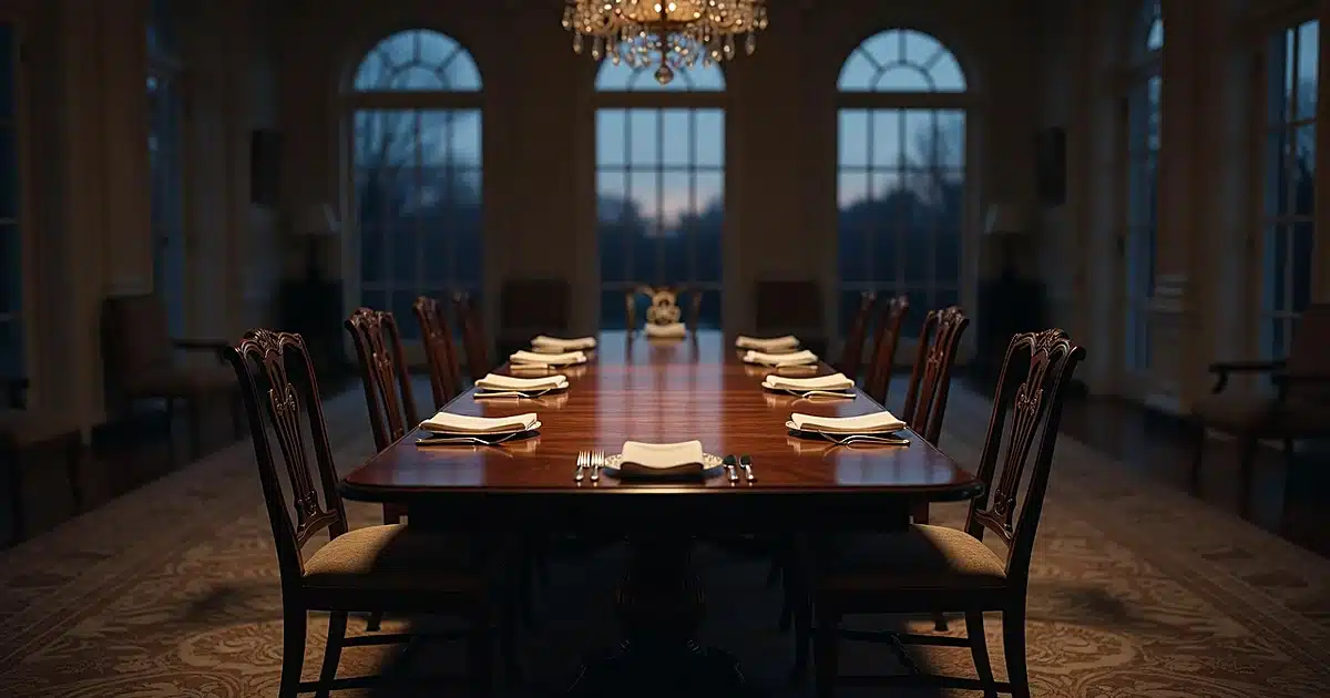 Formal dining table set for three with empty chairs and untouched place settings in dim evening light