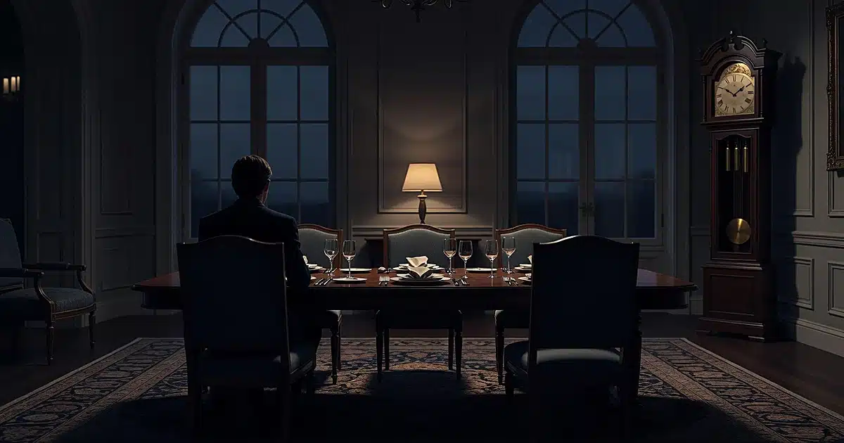 Silhouette of person sitting alone at dining table set for three with empty chairs in dimly lit formal room