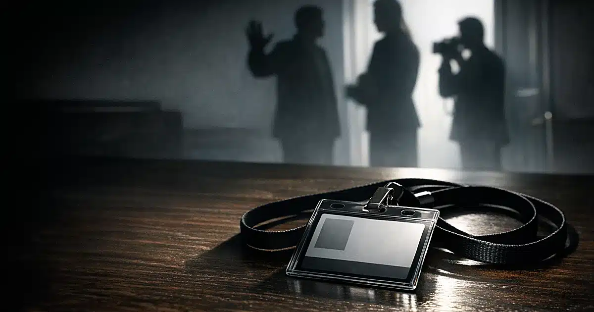 Press credential on desk with silhouetted figures in doorway, one blocking entry while another holds camera equipment