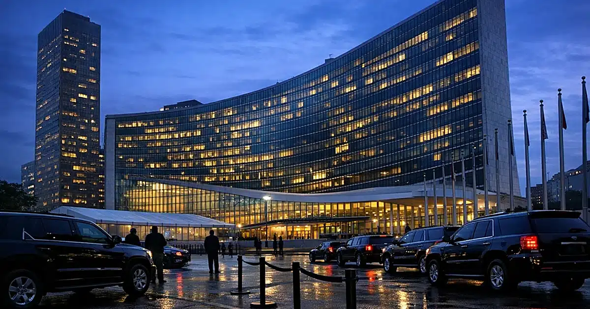 Empty diplomatic motorcade vehicles staged outside UN headquarters building at dusk with no occupants present