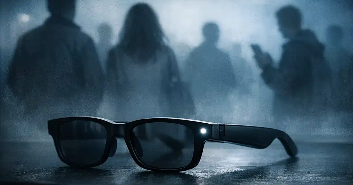 Smart glasses with LED light in foreground, silhouettes of people from behind in background suggesting covert recording