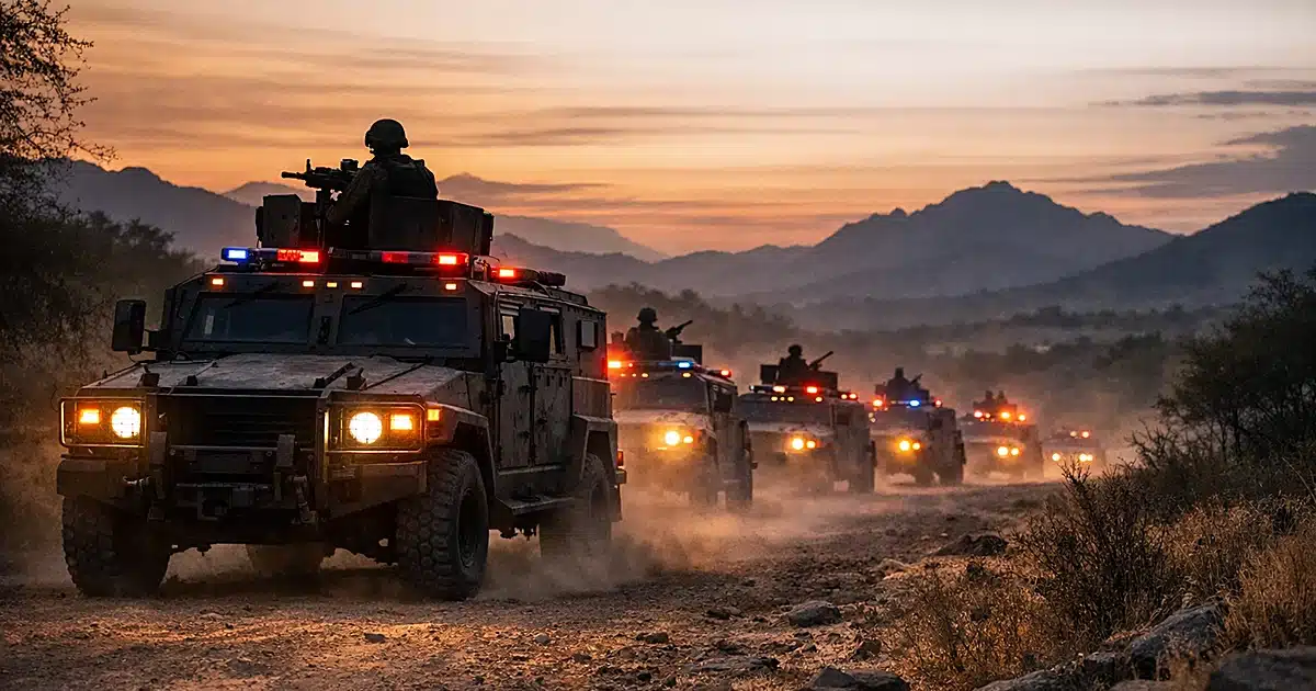 Military armored vehicles moving through rural Mexican terrain at dusk with emergency lights active