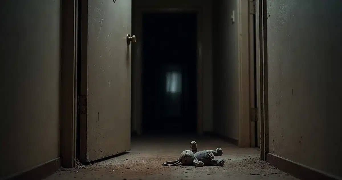 Partially open apartment door with abandoned toy on carpet in dimly lit hallway