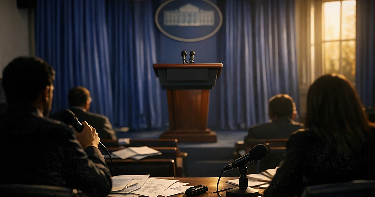 Empty White House press briefing room at dusk with abandoned microphones and scattered papers on press seats