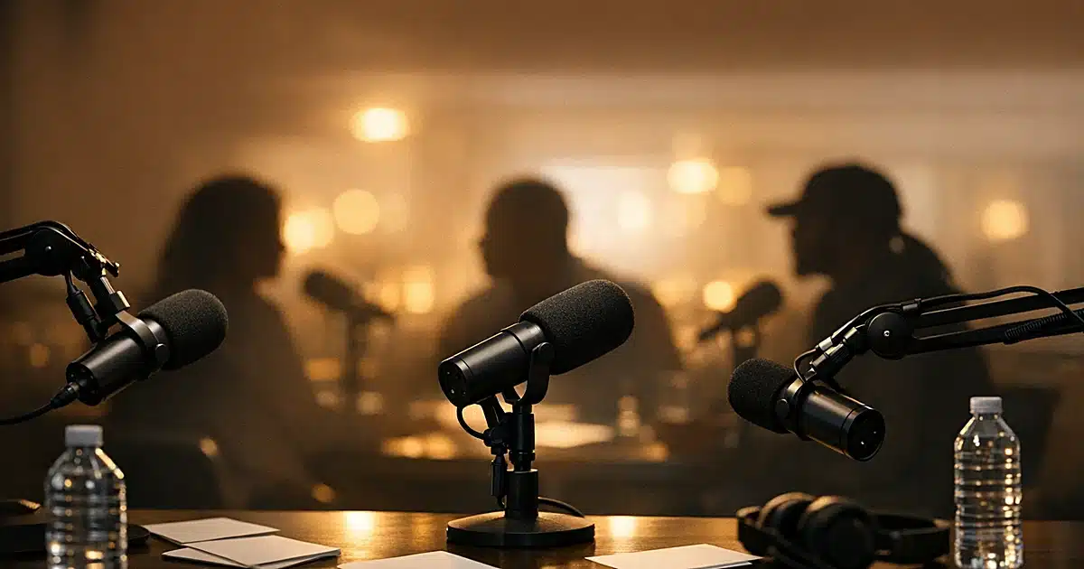 Professional podcast studio with multiple microphones and silhouetted figures in background during recording session