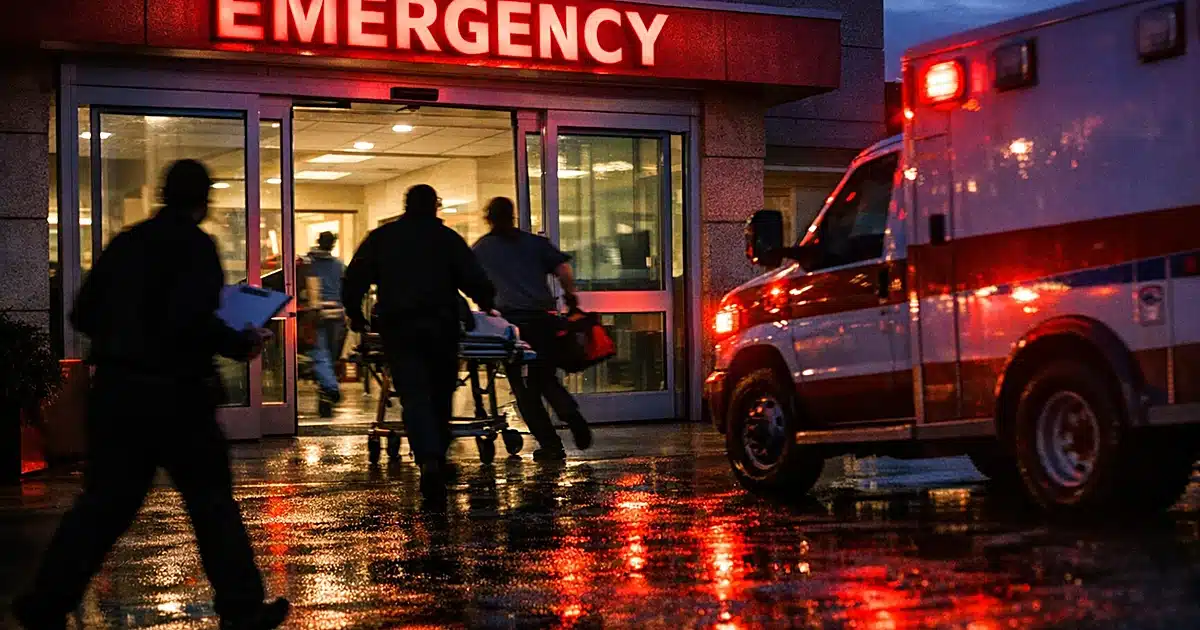Hospital emergency entrance at dusk with silhouetted medical staff in motion through automatic doors