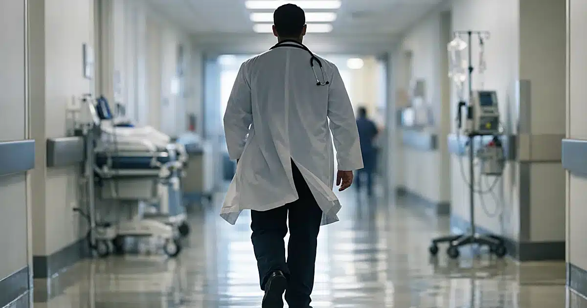 Medical professional walking through hospital corridor, shown as silhouette from behind in clinical setting